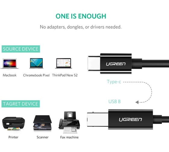 Кабель Ugreen US241 () USB-C 2.0 To USB-B 2.0 Print Cable для подключения принтера. Длина: 1м. Цвет: черный 80811