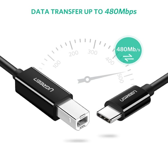 Кабель Ugreen US241 () USB-C 2.0 To USB-B 2.0 Print Cable для подключения принтера. Длина: 1м. Цвет: черный 80811