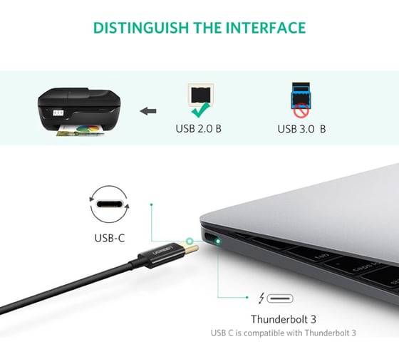 Кабель Ugreen US241 () USB-C 2.0 To USB-B 2.0 Print Cable для подключения принтера. Длина: 1м. Цвет: черный 80811
