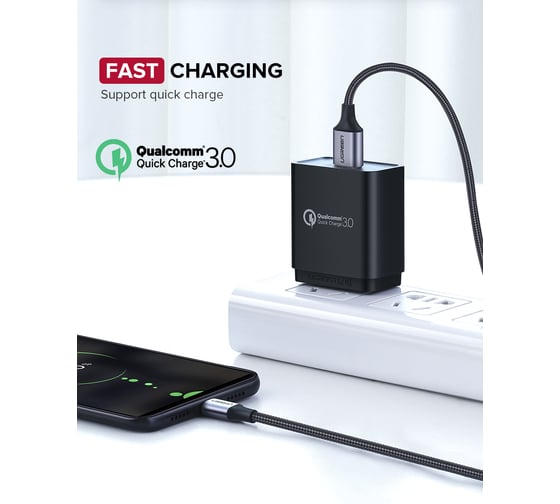 Кабель Ugreen US290 (60144) USB 2.0 A to Micro USB Cable Nickel Plating Alu Braid. Длина: 0,25м. Цвет:серо-черный 60144_