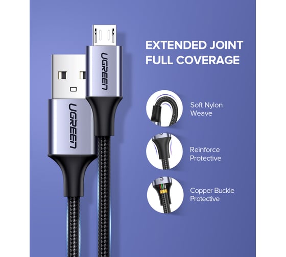Кабель Ugreen US290 (60144) USB 2.0 A to Micro USB Cable Nickel Plating Alu Braid. Длина: 0,25м. Цвет:серо-черный 60144_