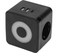 Двойник электрический REXANT Куб 16А с заземлением + 2хUSB-A 2,4А + USB Type-C 3А с ночной подсветкой, черный 11-1252