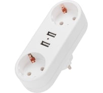 Двойник электрический линейный REXANT 16А с заземлением + 2 USB-порта, 2,4 А, белый 11-1090