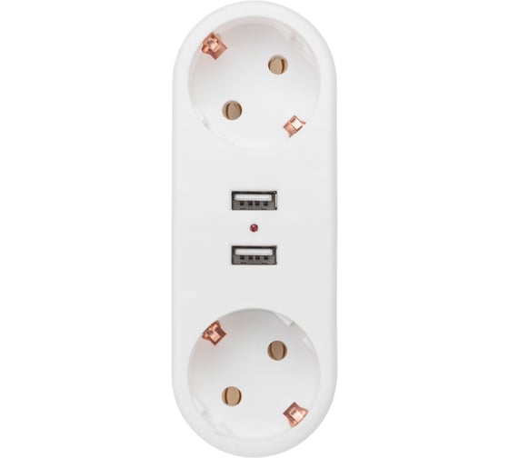 Двойник электрический линейный REXANT 16А с заземлением + 2 USB-порта, 2,4 А, белый 11-1090