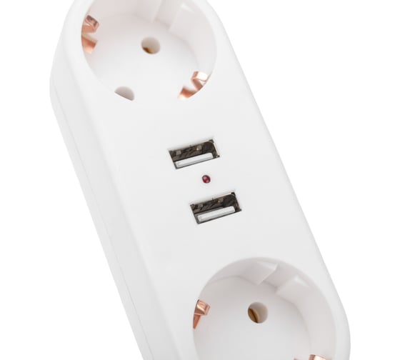 Двойник электрический линейный REXANT 16А с заземлением + 2 USB-порта, 2,4 А, белый 11-1090