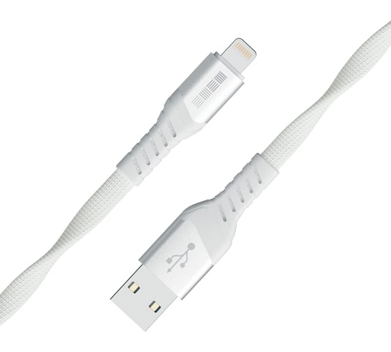 Плоский кабель MFI-USBA USB2.0 Interstep нейлон белый/серебро, длина 1,2м, 73898