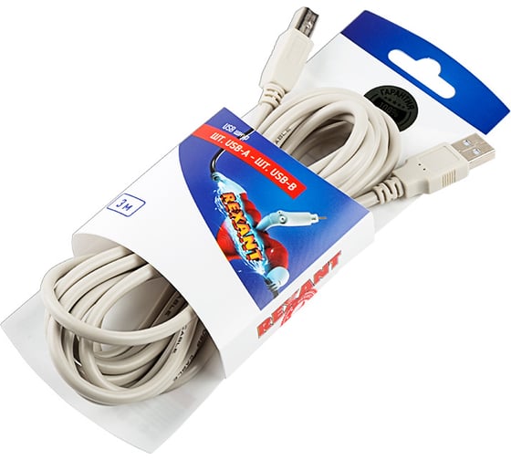 Кабель REXANT USB-А– USB-B, 2,4А, 3м, ПВХ, серый 06-3151