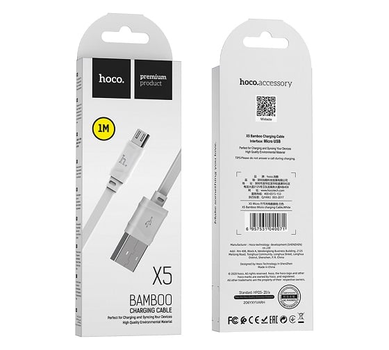 USB-кабель HOCO Bamboo AM-microBM 1 метр, 2.4A, ПВХ, плоский, белый 23753-X5mW