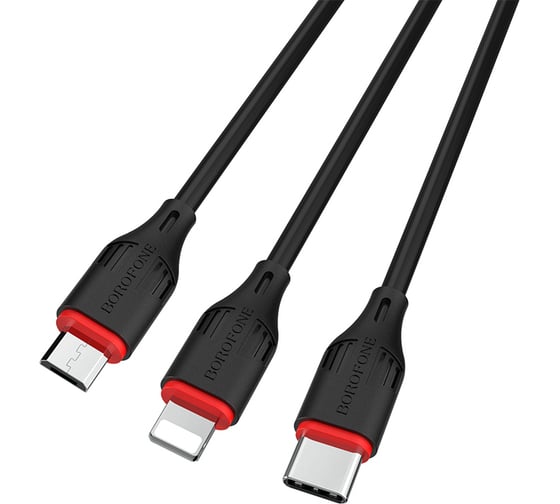 USB-кабель 3-в-1 Borofone, AM-8pin/microBM/Type-C 1 метр, 2.4A, ПВХ, чёрный 23752-BX17imtBK