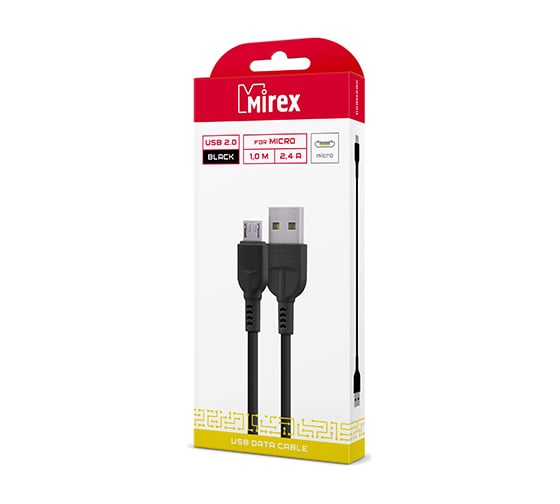Кабель Mirex, USB 2.0 AM-microBM 1 метр, 2.4A, чёрный, в коробке 13700-008M2BK