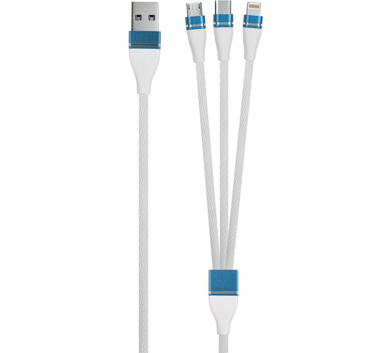 Дата-кабель Red Line 3в1, USB - microUSB+Lightning+Type-C, 2A, нейлон. оплетка, белый УТ000020994 1
