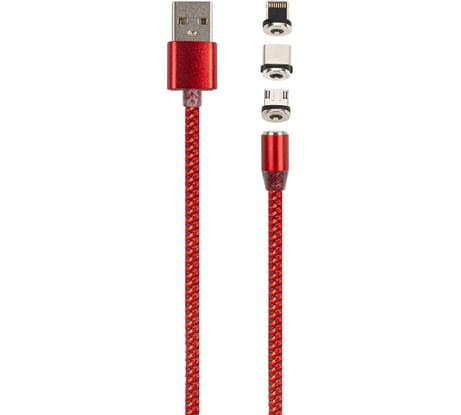 Дата-кабель Red Line магнитный USB -Type-C/8 - pin/micro USB 3 в 1 нейлоновая оплетка УТ000023353