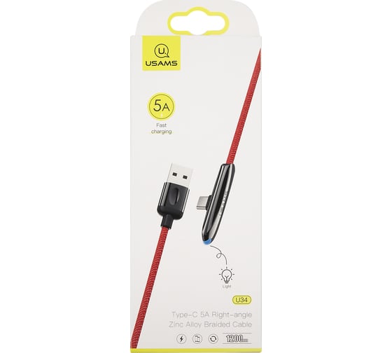 Дата-кабель USAMS U34 USB - Type-C с индикатором, боковой, красный SJ363USB02 УТ000019975