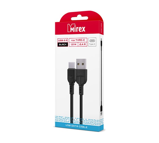 Кабель Mirex, USB 2.0 AM-Type-C 1 метр, 2.4A, чёрный, в коробке 13700-008T2BK