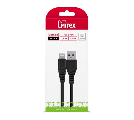 Кабель Mirex, USB 2.0 AM-8pin Lightning 1,2 метра, 3A, чёрный, в коробке 13700-007i3BK
