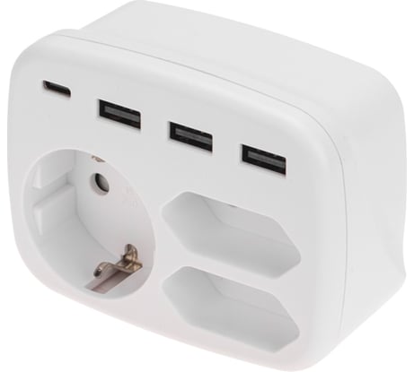 Тройник REXANT 16А, с/з, + 2x2,5А + 3хUSB-A 2,4А + USB Type-C 3А, белый 11-1250