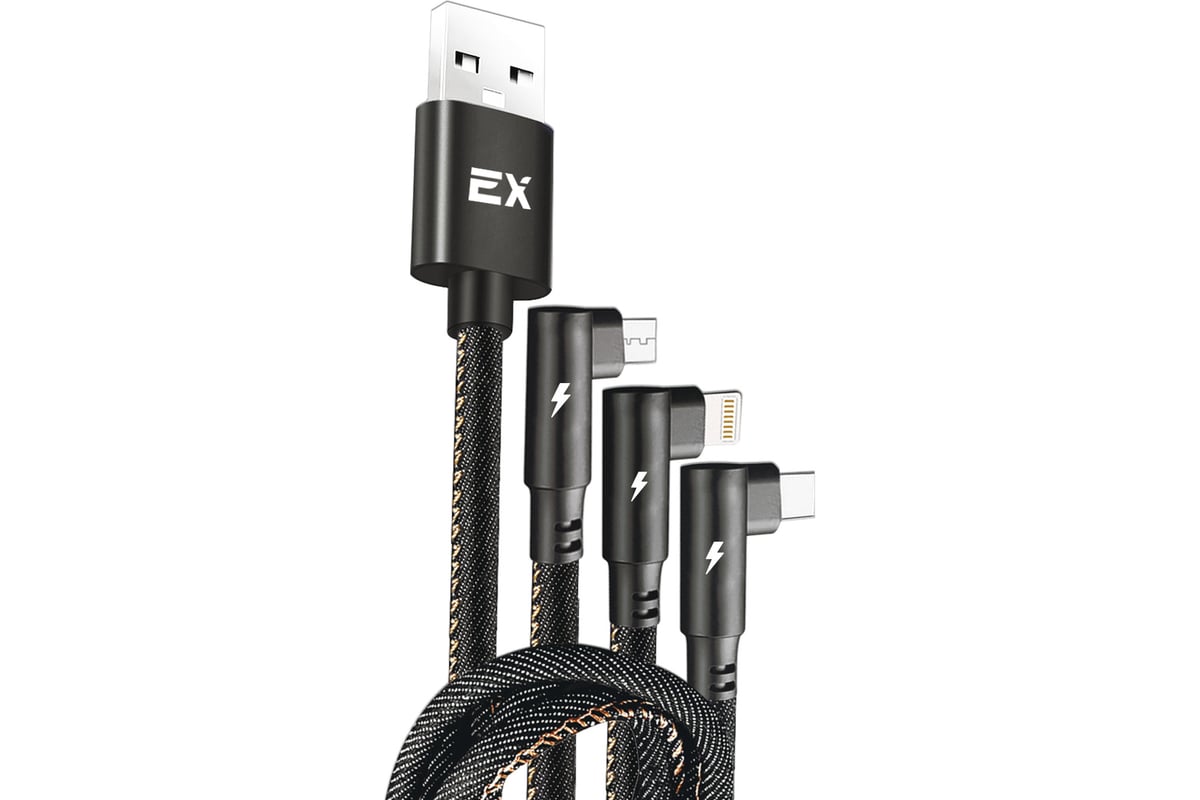 Кабель USB 3в1 Type-cMicroUSB8-pin 2,1A Exployd для зарядки телефона 2M  круглый черный EX-K-1048 - выгодная цена, отзывы, характеристики, фото -  купить в Москве и РФ