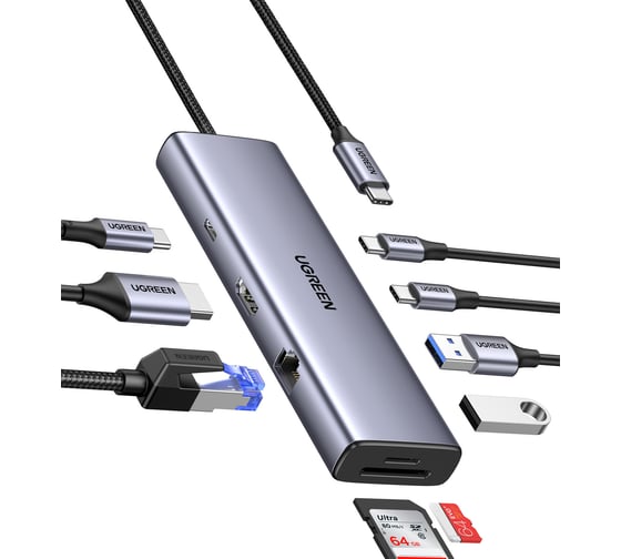 USB-концентратор Ugreen (хаб) CM498 USB-C to 2хUSB3.0+2хUSB-C, HDMI, RJ45, SD,TF, PD, цвет серый () 15375 1