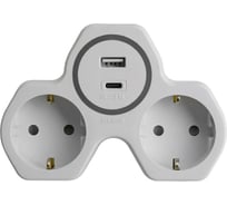 Разветвитель сетевой STEKKER 2-местный с/з ADP16-15-20, 250V, 16A и USB+Type C на 2.4А, белый/серый, 50071