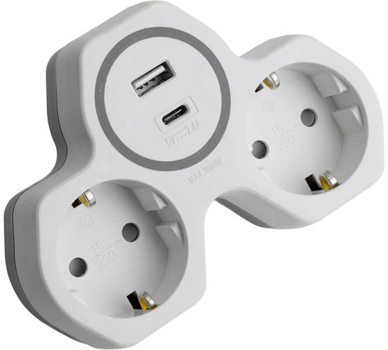 Разветвитель сетевой STEKKER 2-местный с/з ADP16-15-20, 250V, 16A и USB+Type C на 2.4А, белый/серый, 50071