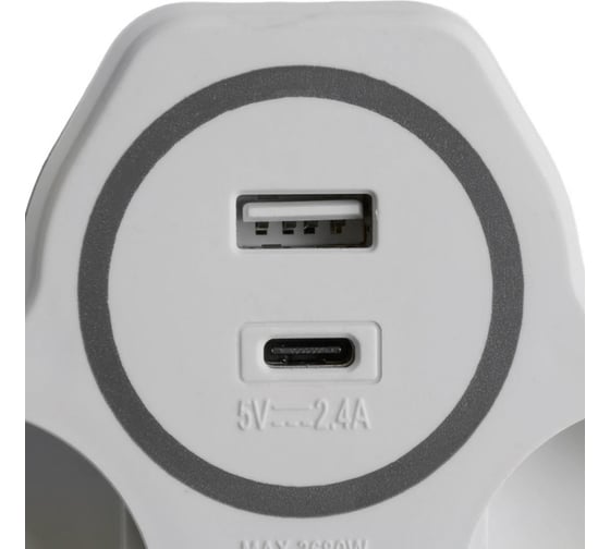 Разветвитель сетевой STEKKER 2-местный с/з ADP16-15-20, 250V, 16A и USB+Type C на 2.4А, белый/серый, 50071