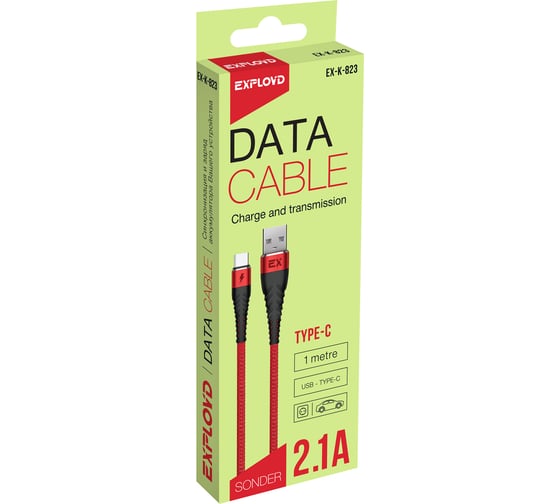 Кабель USB-Type-C 2,1A Exployd для зарядки телефона 1M круглый красный EX-K-823