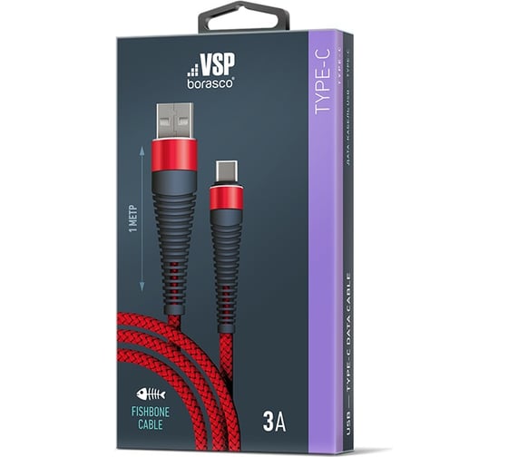 Дата-кабель BoraSCO Fishbone USB - Type-C, 3А, 1м, красный 50184