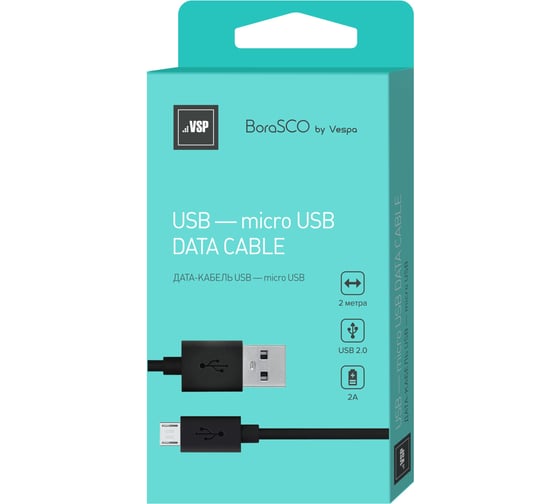 Дата-кабель BoraSCO USB - micro USB, 2А, 2м, черный 21973