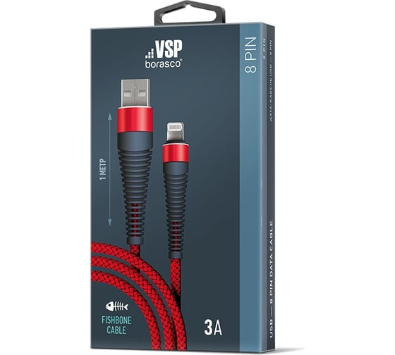 Дата-кабель BoraSCO Fishbone USB - 8 pin, 3А, 1м, красный 50185