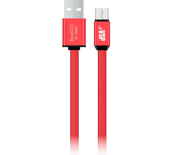 Дата-кабель BoraSCO USB - micro USB, 3А, 1м, металл, в нейлоновой оплетке, плоский, красный 34453