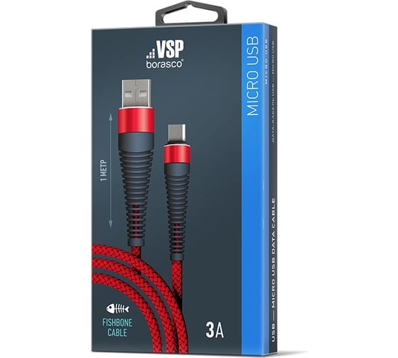 Дата-кабель BoraSCO Fishbone USB - micro USB, 3А, 1м, красный 50183