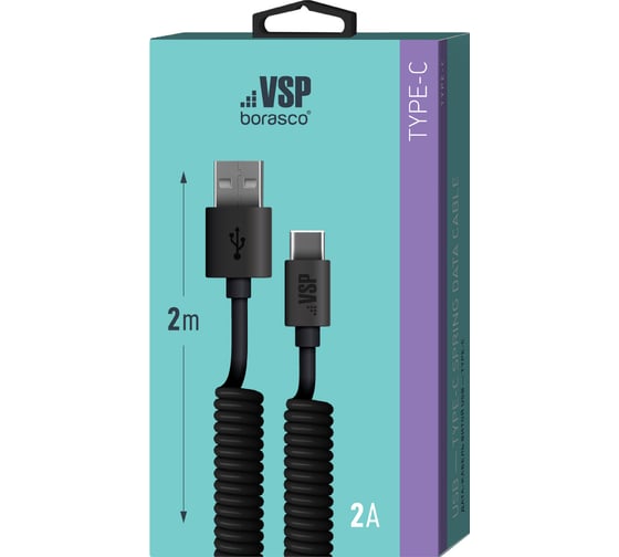 Дата-кабель BoraSCO USB - Type-C, 2А, 2м, витой, черный 21974