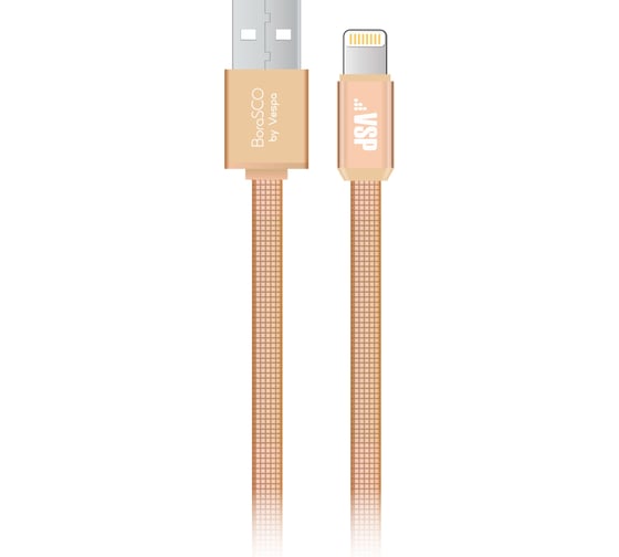 Дата-кабель BoraSCO USB - 8 pin, 3А, 1м, металл, в нейлоновой оплетке, плоский, золотой 34449