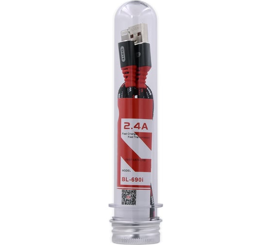 USB-кабель AM-8pin BYZ 1 метр, 2.4A, тканевый, черно-красный, 23750-BL-690iBKR