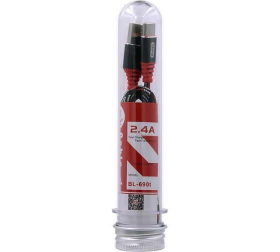 USB-кабель AM-Type-C BYZ 1 метр, 2.4A, тканевый, черно-красный, 23750-BL-690tBKR