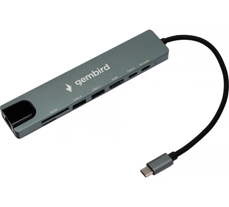 Док-станция Gembird Type-C, 8в1: USB2.0, USB3.1,Type-C,PD87W,HDMI,SD/TF,RJ45, кабель 20см, алюминий, коробка, UHB-D3