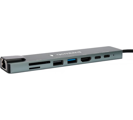 Док-станция Gembird Type-C, 8в1: USB2.0, USB3.1,Type-C,PD87W,HDMI,SD/TF,RJ45, кабель 20см, алюминий, коробка, UHB-D3