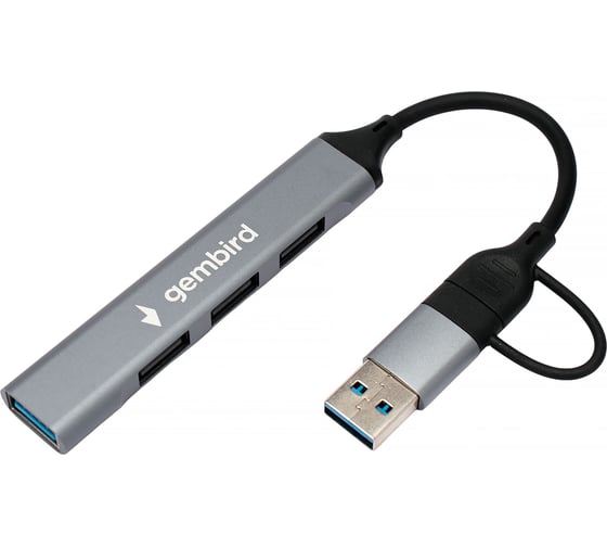 Разветвитель Gembird USB3.0/2.0, USB3.0, 3xUSB2.0, кабель Type-C+USB 10см, алюминий, пакет, UHB-C204