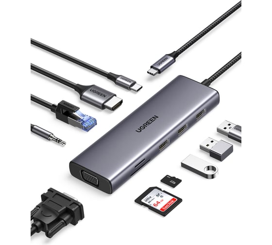 USB-концентратор (хаб) Ugreen CM498 USB-C To 3хUSB 3.0 A+HDMI+VGA+RJ45 Gigabit+SD/TF+AUX3.5mm+PD, цвет серый 15601