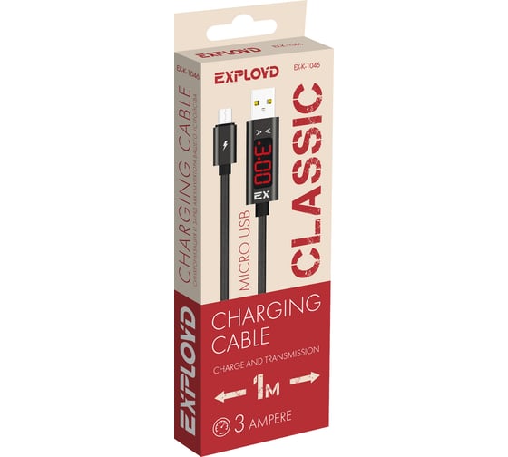 Кабель USB-MicroUSB 3A Exployd для зарядки телефона круглый 1M Display черный EX-K-1046