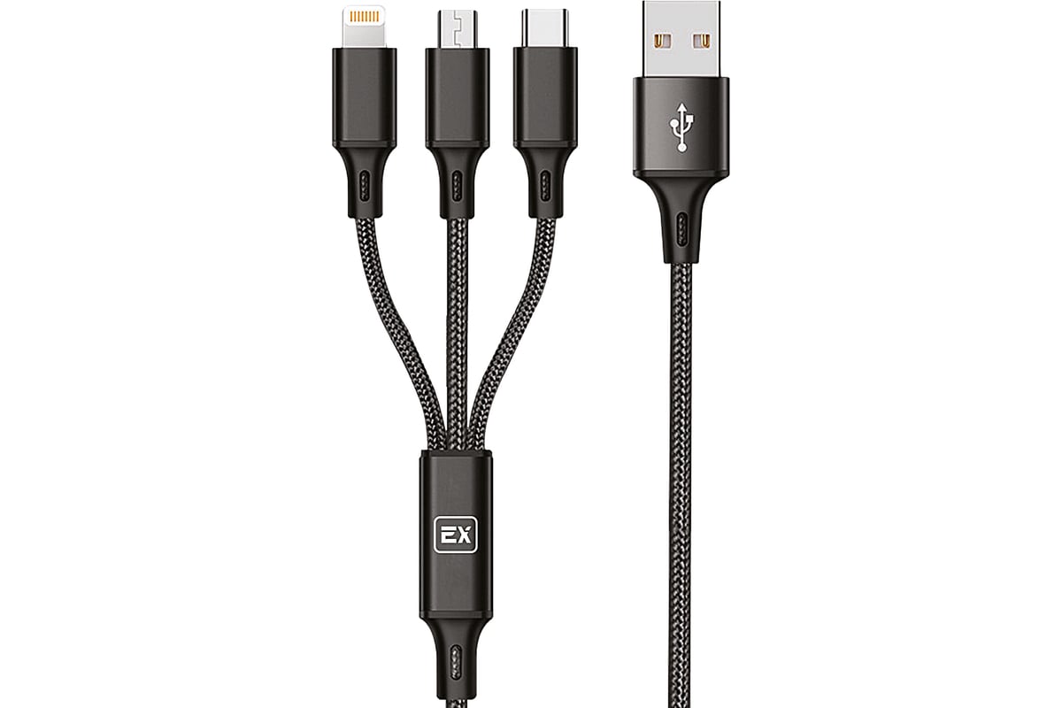 Кабель 3в1 USB-8-pinMicroUSBType-C 2,1А Exployd для зарядки телефона 1,2М  черный EX-K-648