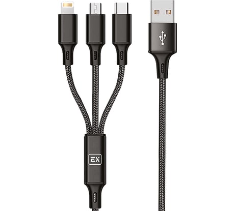 Кабель 3в1 USB-8-pin\MicroUSB\Type-C 2,1А Exployd для зарядки телефона 1,2М черный EX-K-648