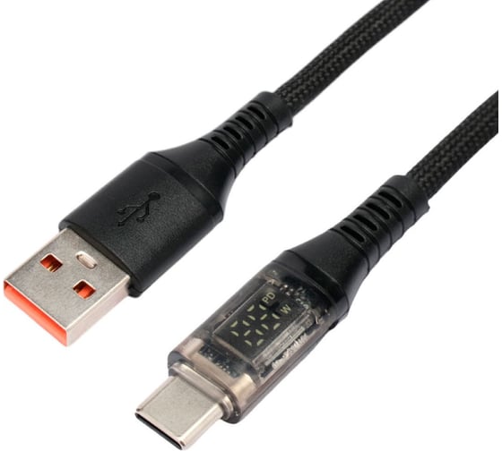 Кабель Cablexpert USB2.0, AM/Type-C, 6A, 66Вт, QC3.0, дисплей, оплетка, медь, 1м, черный, CCP-USB2-AMCM-SCR-1M