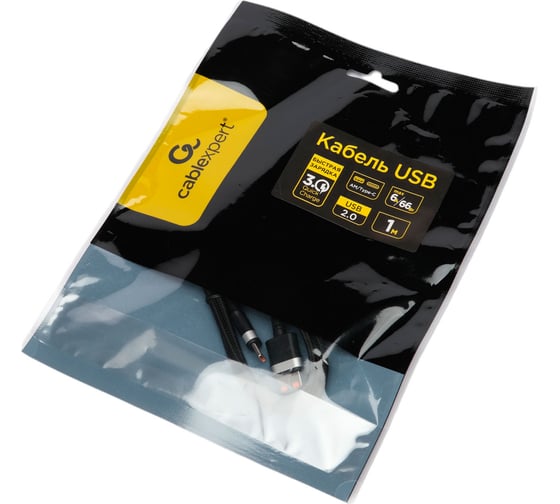 Кабель Cablexpert USB2.0, AM/Type-C, 6A, 66Вт, QC3.0, оплетка, медь, 1м, черный, пакет, CCP-USB2-AMCM-66W-1M