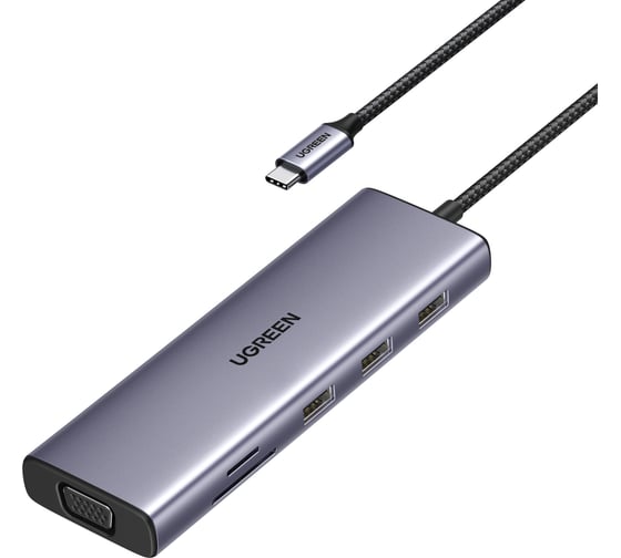 USB-концентратор Ugreen (хаб) CM498 USB-C to 3хUSB-A, TF, SD, VGA, RJ45, HDMI, PD100W, цвет серый космос () 15600 1