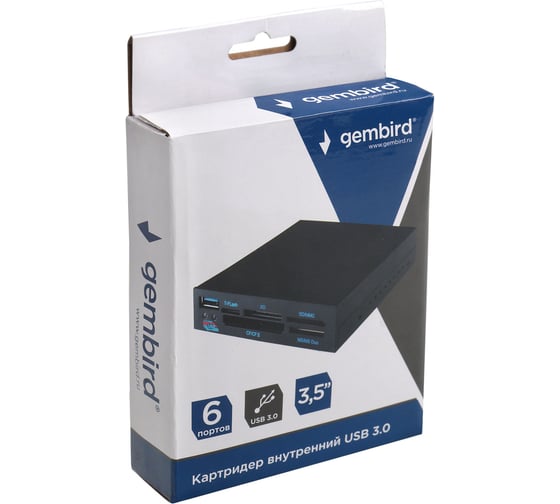 Картридер внутренний USB3.0 3.5 6в1: SD/SDHC, T-Flash, XD, MS, CF, USB3.0, черный, коробка, Gembird FDI2-ALLIN1-03-B