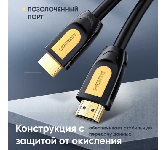 Кабель Ugreen HD101 HDMI Male To Male Round Cable. Длина: 10м. Цвет: желто-черный 10170_