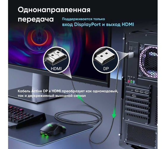 Кабель Ugreen DP119 DP to HDMI 4K Cable. Длина: 1м. Цвет: черно-серебристый 15773_