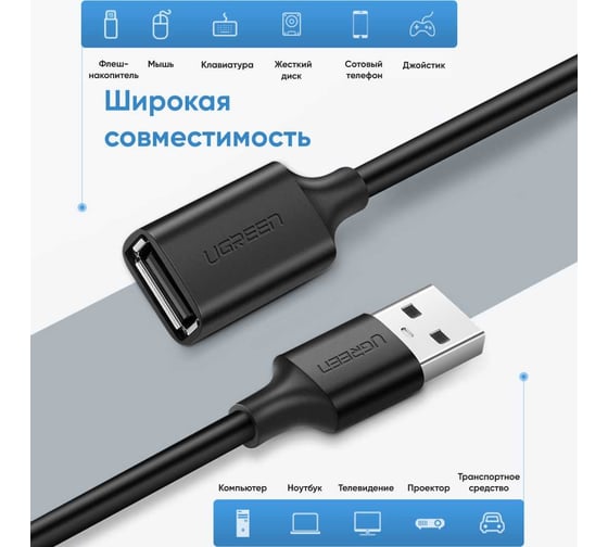 Кабель Ugreen US103 USB 2.0 A Male to A Female Cable. Длина: 1,5 м. Цвет: черный 10315_