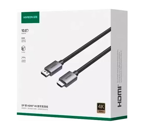 Кабель Ugreen DP125 DP Male To HDMI Male Cable 4K/30Hz. Длина: 1м. Цвет: черный/серый 35840_